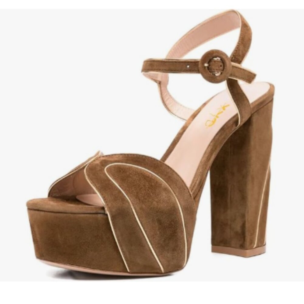 XYD Coffee Retro Block Heel Thick Platform Open Toe Buckle Ankle Strap Sandals